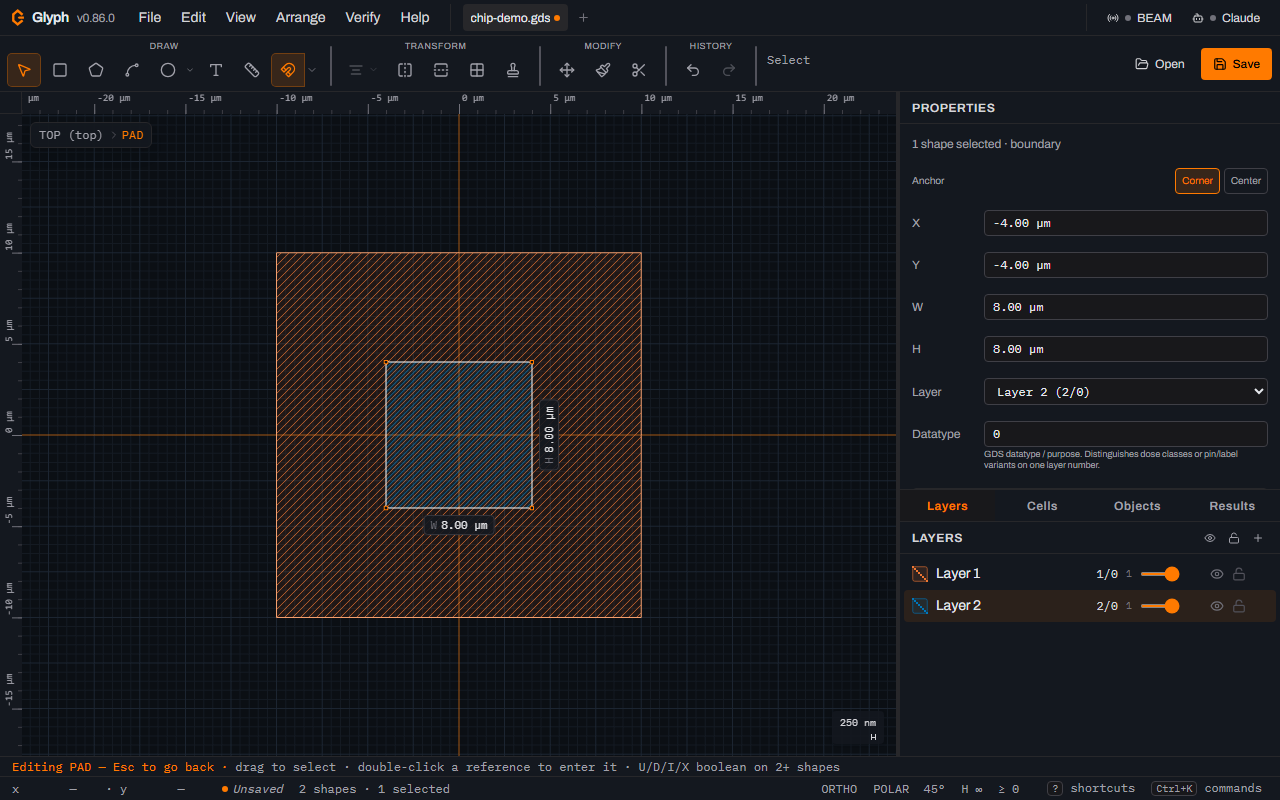 The PAD cell with the orange hatched 20 micrometre outer pad and a smaller selected blue 8 micrometre inner square centred on it, the Properties panel showing X minus 4, Y minus 4, W 8 and H 8 micrometres and Layer 2, and the status bar reading 2 shapes and 1 selected.