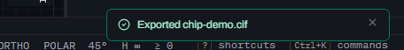 A Glyph toast notification reading Exported chip-demo.cif with a green checkmark icon, over the status bar showing ORTHO, POLAR 45 degrees and the hierarchy H infinity badge.