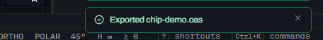A Glyph toast notification reading Exported chip-demo.oas with a green checkmark icon, over the status bar.