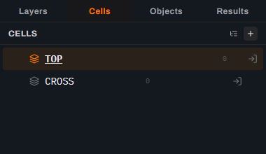 The Cells tab of Glyph's side panel showing two rows: TOP (highlighted in orange as the active cell) and a newly created empty cell named CROSS, with the add-cell plus button in the panel header.