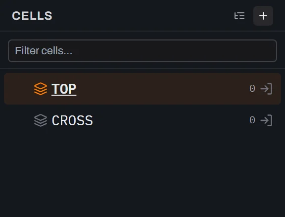 The Cells tab of Glyph's side panel showing two rows: TOP (highlighted in orange as the active cell) and a newly created empty cell named CROSS, with the add-cell plus button in the panel header.