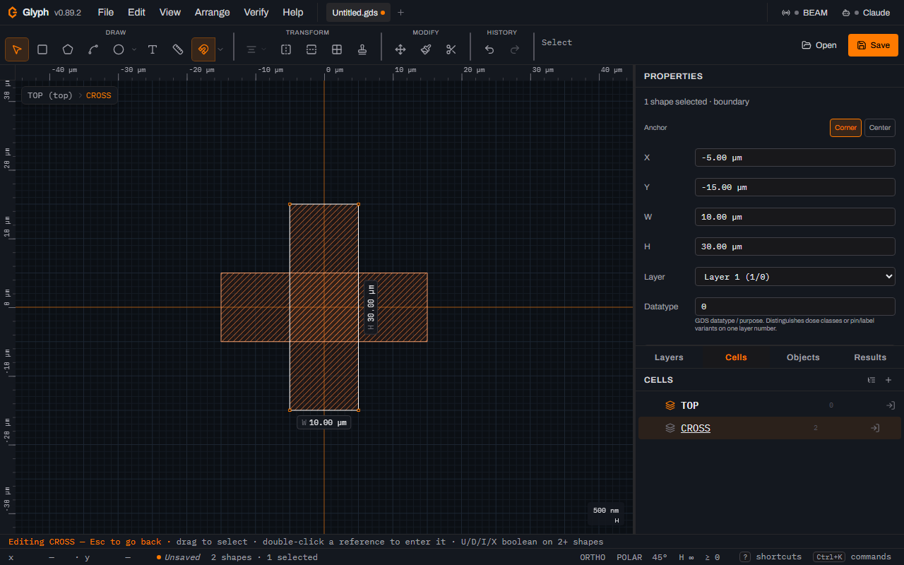 Glyph editing the CROSS cell: two overlapping hatched orange rectangles forming a cross on the dark canvas, the breadcrumb reading TOP (top) then CROSS, the Properties panel showing the selected 10 by 30 micrometre box with Anchor set to Corner, and the status bar reading 2 shapes and 1 selected.