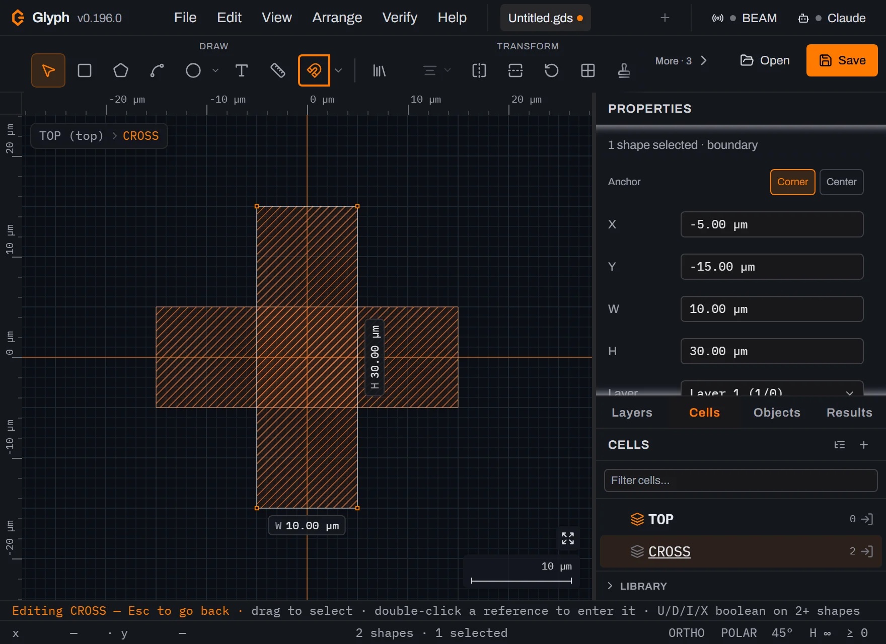 Glyph editing the CROSS cell: two overlapping hatched orange rectangles forming a cross on the dark canvas, the breadcrumb reading TOP (top) then CROSS, the Properties panel showing the selected 10 by 30 micrometre box with Anchor set to Corner, and the status bar reading 2 shapes and 1 selected.