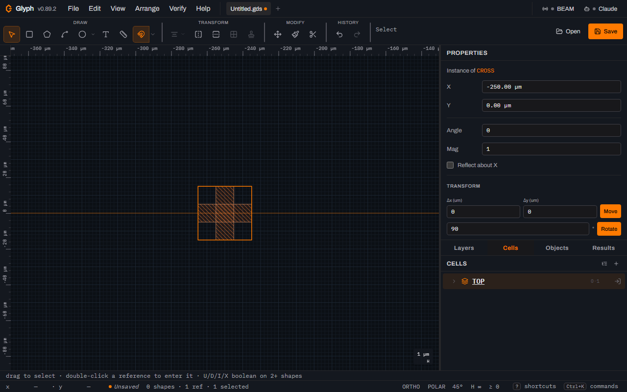 The Glyph canvas at the TOP cell with a single cross-shaped instance selected and highlighted in orange, the Properties panel reading Instance of CROSS, X minus 250.00 micrometres and Y 0.00 micrometres, and the status bar reading 0 shapes, 1 ref and 1 selected.