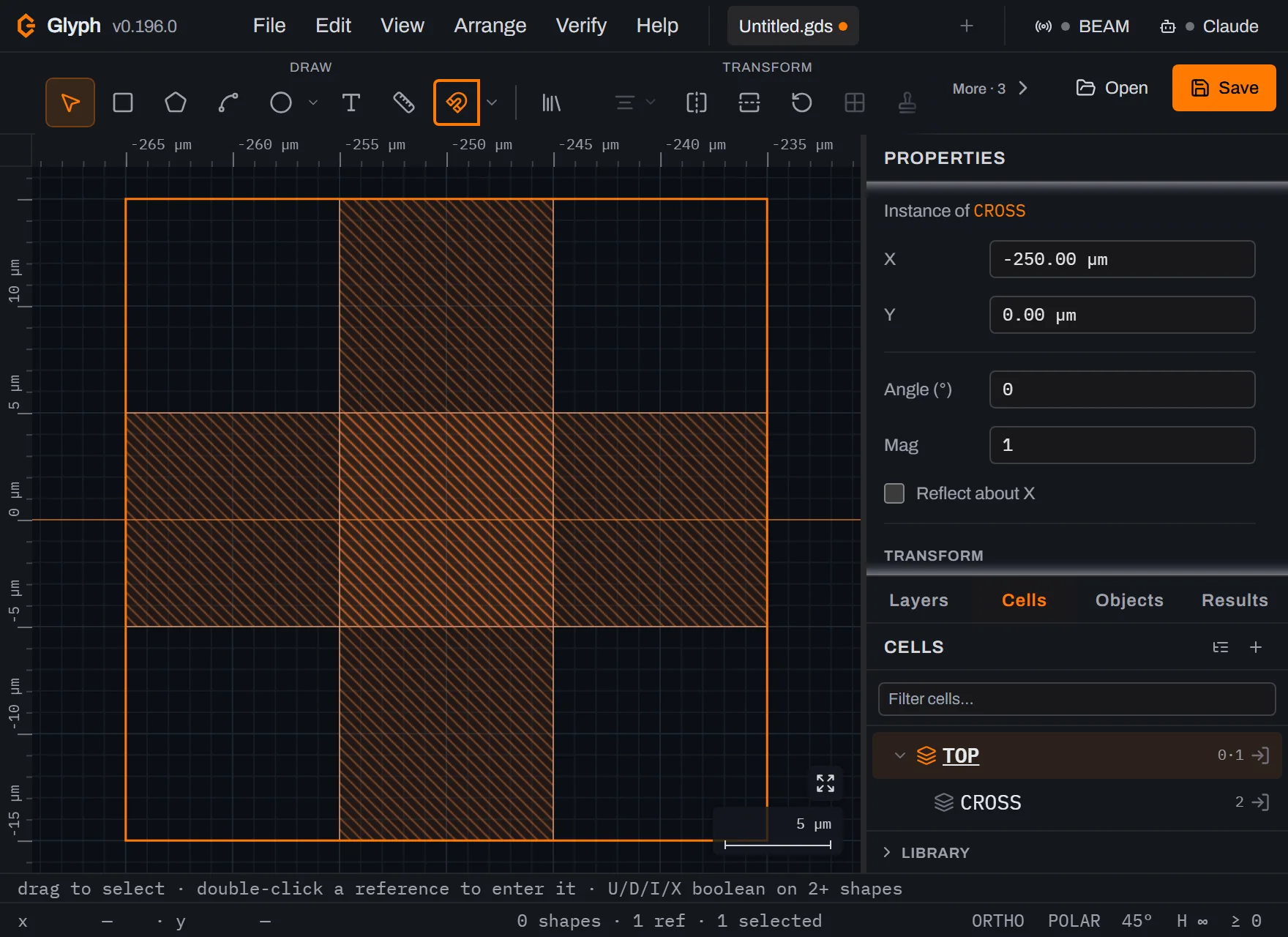 The Glyph canvas at the TOP cell with a single cross-shaped instance selected and highlighted in orange, the Properties panel reading Instance of CROSS, X minus 250.00 micrometres and Y 0.00 micrometres, and the status bar reading 0 shapes, 1 ref and 1 selected.