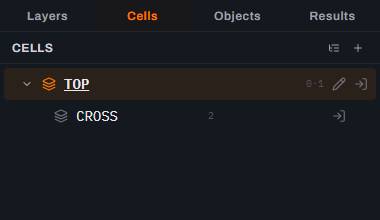 The Cells tab with the TOP row expanded by its disclosure triangle, showing the CROSS cell nested one level underneath it with a shape count of 2.