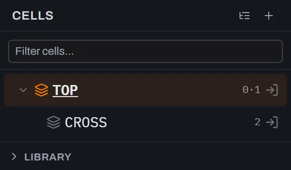 The Cells tab with the TOP row expanded by its disclosure triangle, showing the CROSS cell nested one level underneath it with a shape count of 2.