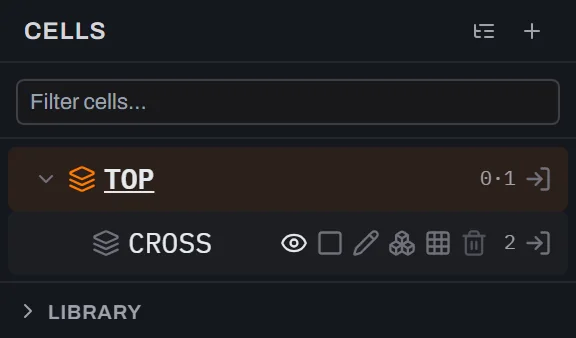 The Cells tab with the TOP row still expanded above the hovered, nested CROSS row, which shows six icon buttons (eye, square, pencil, stacked cubes, three-by-three grid and a waste bin), then its shape count of 2 and an arrow pointing into a bracket — the nesting under TOP visible in the same frame.