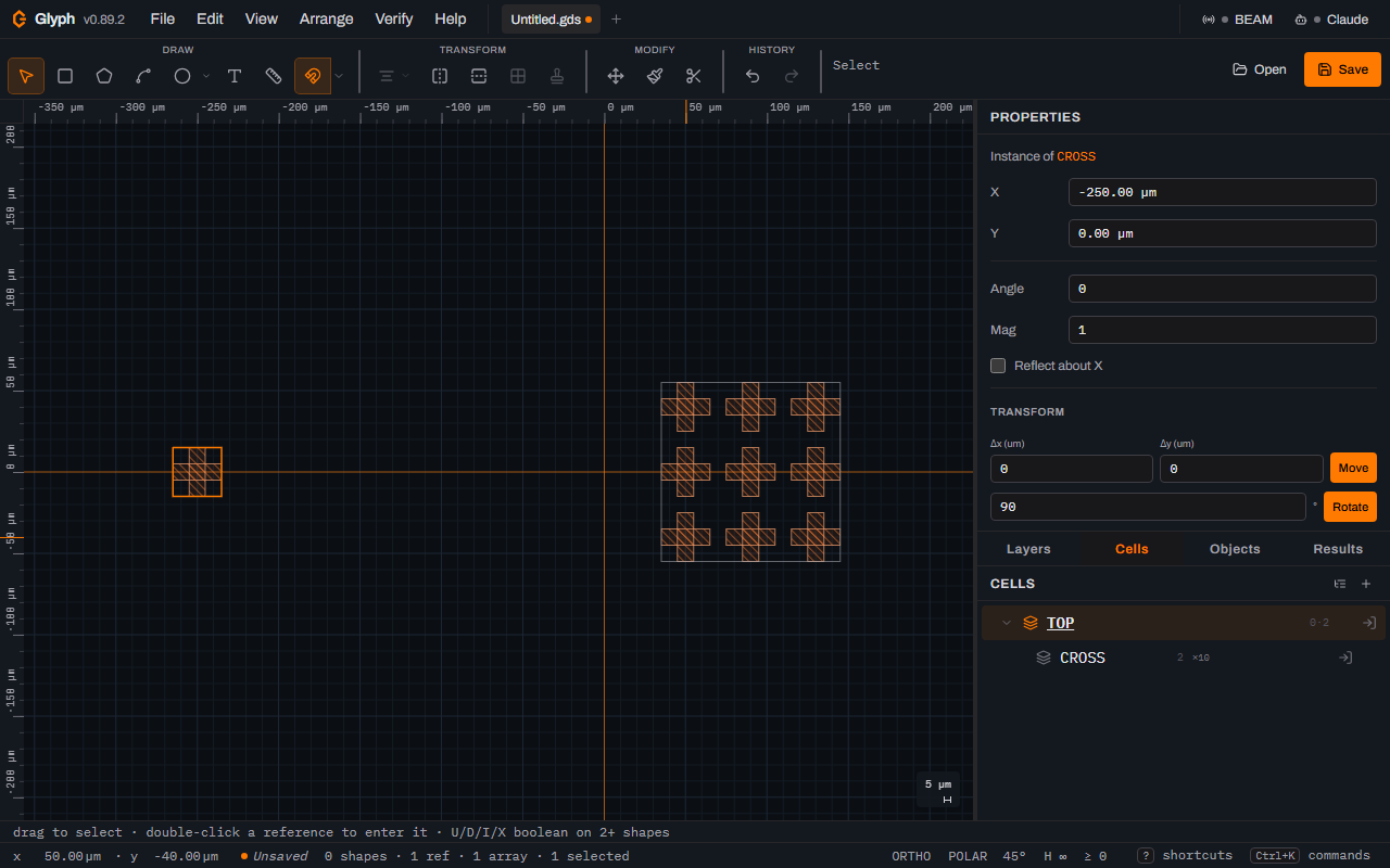 The Glyph canvas showing the single, still-selected cross instance on the left with visible diagonal hatching and a newly placed three by three array of identically hatched orange crosses on the right enclosed in a thin array outline, the Properties panel still reading Instance of CROSS X minus 250 Y 0, and the status bar reading 0 shapes, 1 ref, 1 array and 1 selected.