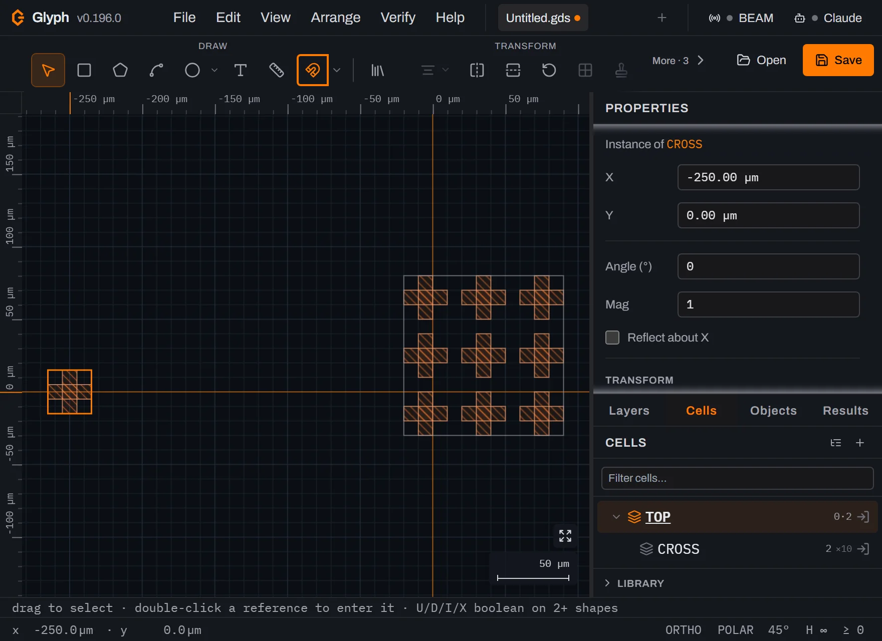 The Glyph canvas showing the single, still-selected cross instance on the left with visible diagonal hatching and a newly placed three by three array of identically hatched orange crosses on the right enclosed in a thin array outline, the Properties panel still reading Instance of CROSS X minus 250 Y 0, and the status bar reading 0 shapes, 1 ref, 1 array and 1 selected.