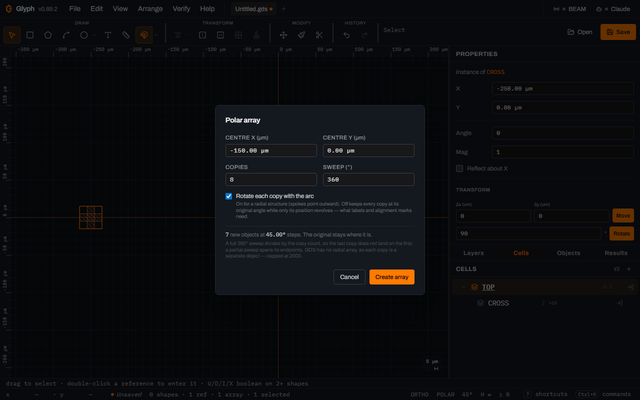 Glyph's Polar array dialog over the canvas, with Centre X minus 150.00 micrometres, Centre Y 0.00, Copies 8, Sweep 360, the Rotate each copy with the arc checkbox ticked, and the summary line reading 7 new objects at 45.00 degree steps.