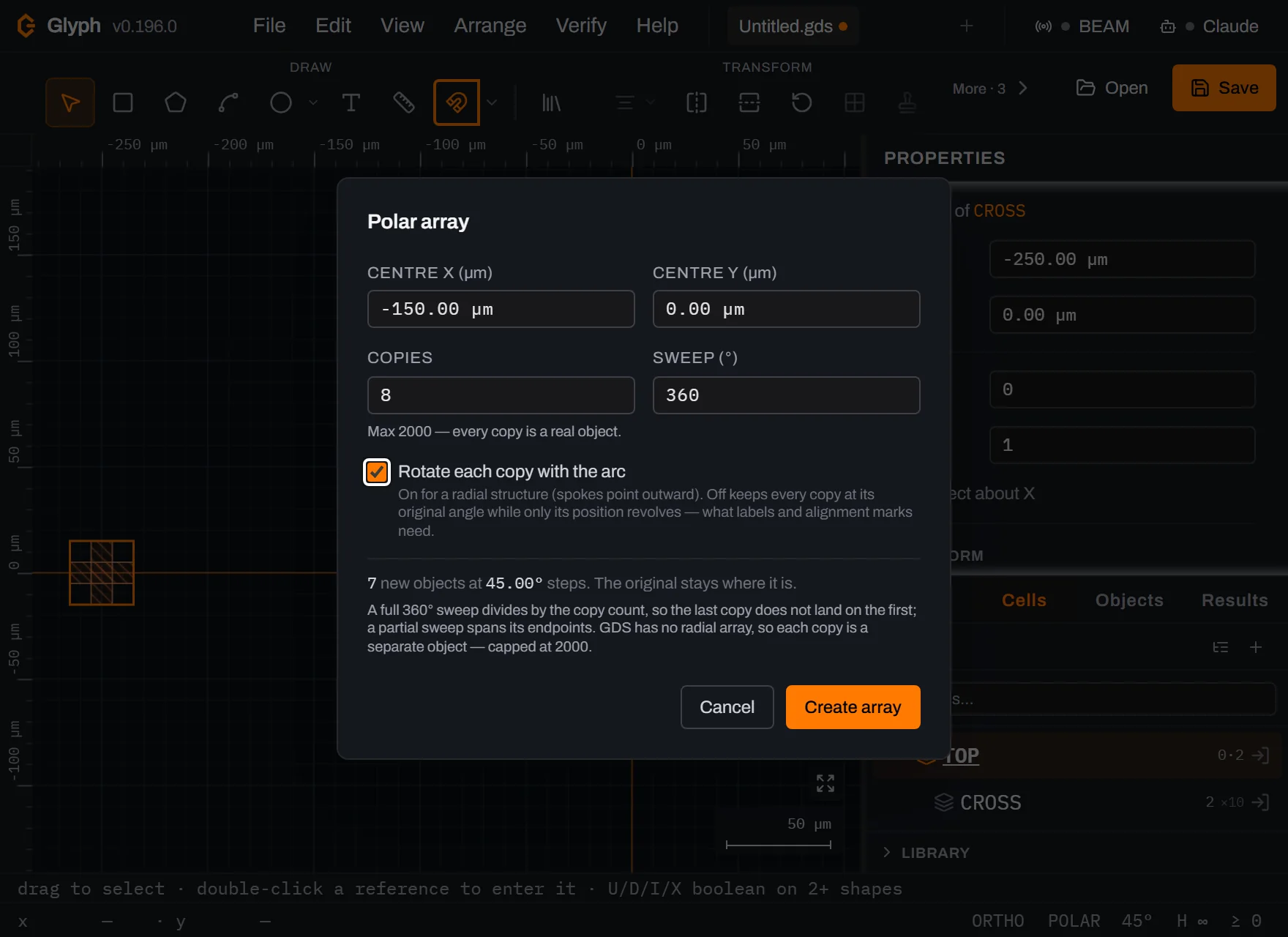 Glyph's Polar array dialog over the canvas, with Centre X minus 150.00 micrometres, Centre Y 0.00, Copies 8, Sweep 360, the Rotate each copy with the arc checkbox ticked, and the summary line reading 7 new objects at 45.00 degree steps.