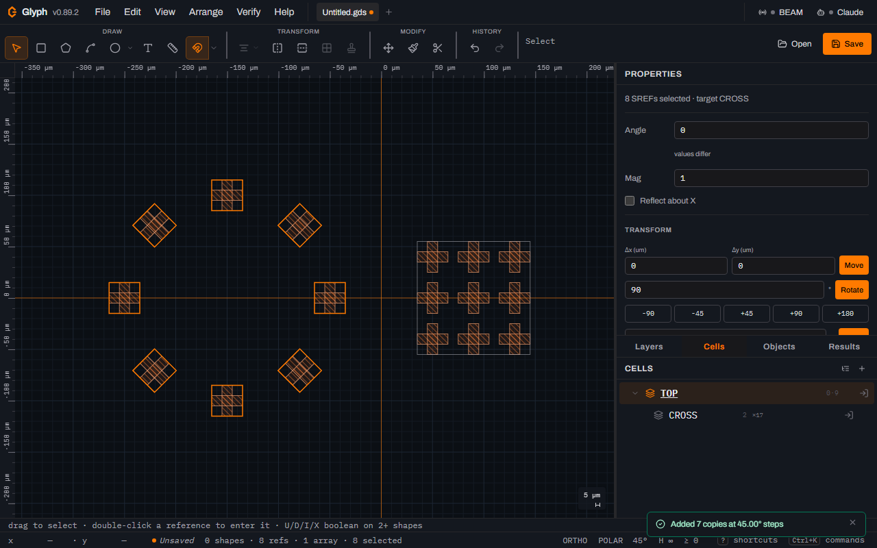The Glyph canvas showing eight cross instances arranged in a ring at 45 degree intervals, four of their thin square bounds indicators rotated into diamonds, next to the three by three array of hatched crosses, with a toast reading Added 7 copies at 45.00 degree steps and the status bar reading 0 shapes, 8 refs, 1 array and 8 selected.