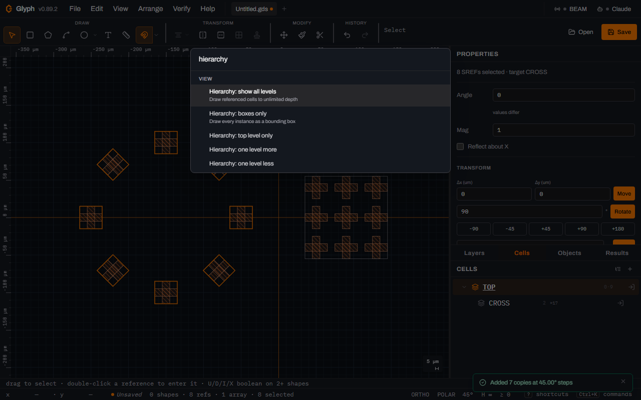 Glyph's Ctrl+K command palette filtered to the word hierarchy, listing five View commands: Hierarchy show all levels, Hierarchy boxes only, Hierarchy top level only, Hierarchy one level more and Hierarchy one level less.