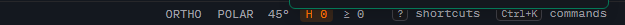 A crop of Glyph's status bar showing the ORTHO and POLAR 45 degree indicators followed by the hierarchy badge reading H 0 highlighted in orange, the minimum-level badge reading greater-than-or-equal 0, and the shortcuts and Ctrl+K commands hints.