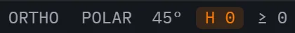 A crop of Glyph's status bar showing the ORTHO and POLAR 45 degree indicators followed by the hierarchy badge reading H 0 highlighted in orange and the minimum-level badge reading greater-than-or-equal 0.