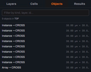 The Objects tab of Glyph's side panel showing a filter box and the heading 9 objects in TOP, above nine rows: eight reading Instance to CROSS and one reading Array to CROSS, each with a size figure in micrometres that is clipped at this panel width.