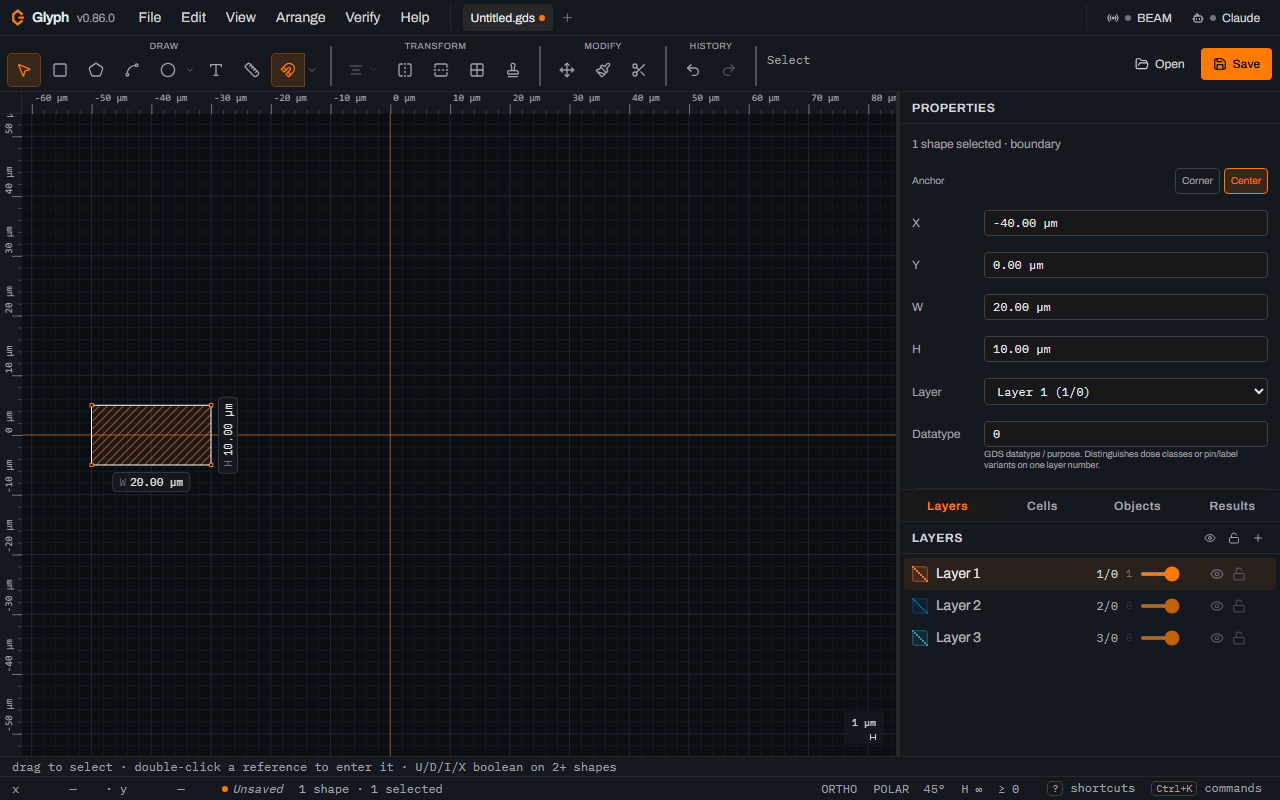Glyph's Properties panel showing one boundary shape selected with Anchor set to Center, X -40.00 micrometres, Y 0.00 micrometres, W 20.00 micrometres and H 10.00 micrometres, with the resulting hatched orange bar visible on the canvas at the left.