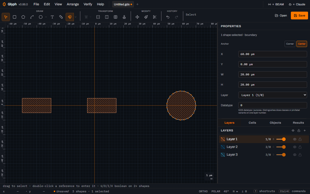 Glyph's Properties panel with the circle selected, X 60.00 micrometres, Y 0.00 micrometres, W 20.00 micrometres and H 20.00 micrometres, and the canvas now showing two bars and a circle, all on Layer 1.
