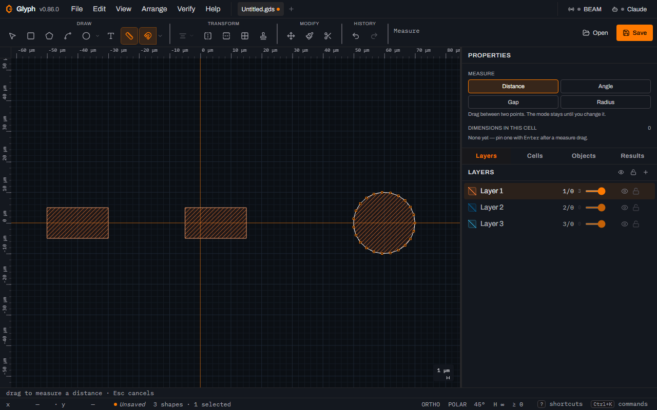 Glyph's Properties panel with the Measure tool armed: Distance mode highlighted in orange, a hint reading Drag between two points, and Dimensions in this cell reading 0 with a None yet placeholder, over a canvas showing two hatched orange bars and a circle on the default Layer 1.