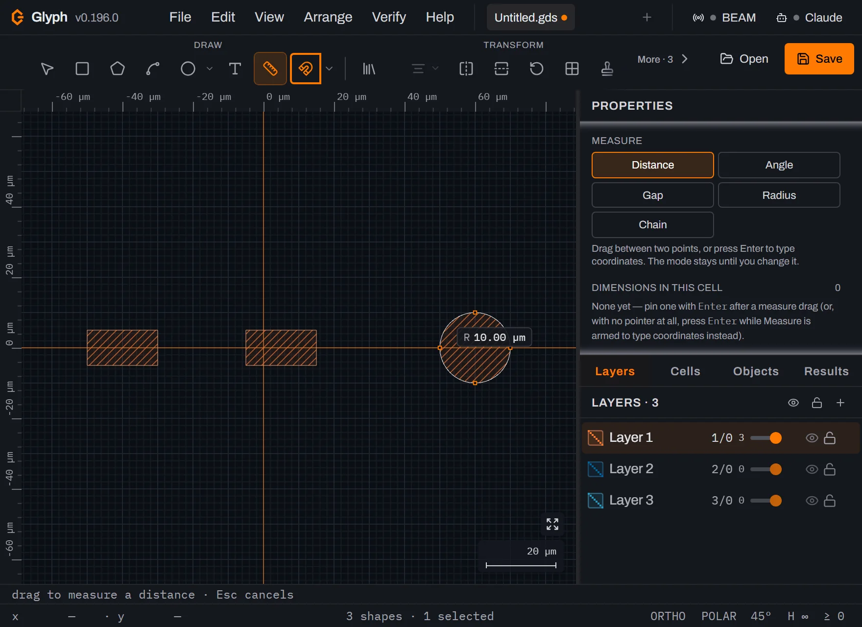 Glyph's Properties panel with the Measure tool armed: Distance highlighted in orange among the Distance, Angle, Gap, Radius and Chain modes, a hint reading Drag between two points, or press Enter to type coordinates, and Dimensions in this cell reading 0 with a None yet placeholder, over a canvas showing two hatched orange bars and a circle on the default Layer 1.