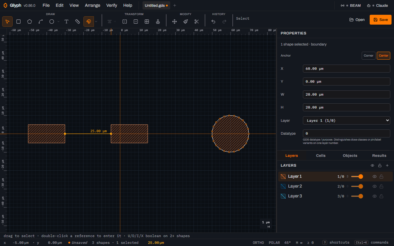 The Glyph canvas after dragging from the left bar's right edge to the right bar's left edge: an amber 25.00 micrometre distance line between the two bars, the toolbar's active-tool label reading Select, and the status bar reading 25.00 micrometres in amber next to the shape count.