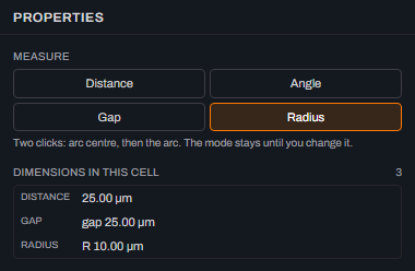 The Dimensions in this cell list after deleting the angle dimension: Dimensions in this cell now reads 3, with rows for Distance 25.00 micrometres, Gap 25.00 micrometres and Radius 10.00 micrometres remaining and no row left in a hovered state.