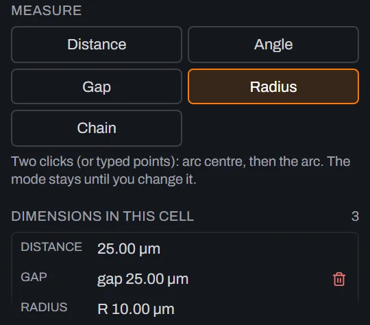 The Dimensions in this cell list after deleting the angle dimension: Dimensions in this cell now reads 3, with rows for Distance 25.00 micrometres, Gap 25.00 micrometres and Radius 10.00 micrometres remaining and no row left in a hovered state.