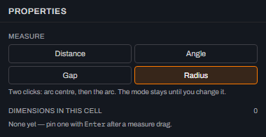 The Measure section after Verify → Clear dimensions: Dimensions in this cell reads 0 and the panel shows the None yet — pin one with Enter after a measure drag placeholder again.