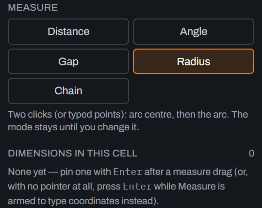 The Measure section after Verify → Clear dimensions: Dimensions in this cell reads 0 and the panel shows the placeholder None yet — pin one with Enter after a measure drag (or, with no pointer at all, press Enter while Measure is armed to type coordinates instead) again.