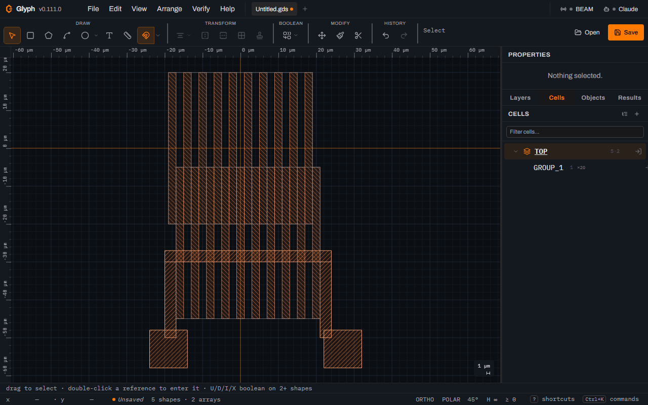 A completed MEMS comb-drive actuator in Glyph: two opposing finger combs, a fixed stator and a suspended rotor, interleaved on a single structural layer.