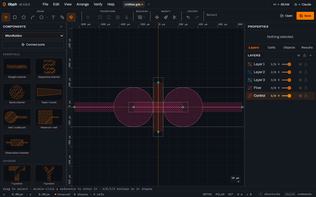 A completed Quake-valve crossing in Glyph, built exactly per the steps below: a straight flow channel on the Flow layer with a round inlet/outlet port pad at each end, each pad's connecting stub pointing outward and clear of the other port because the left one was rotated 180° before it was dropped, crossed at 90° by a control channel on the Control layer.