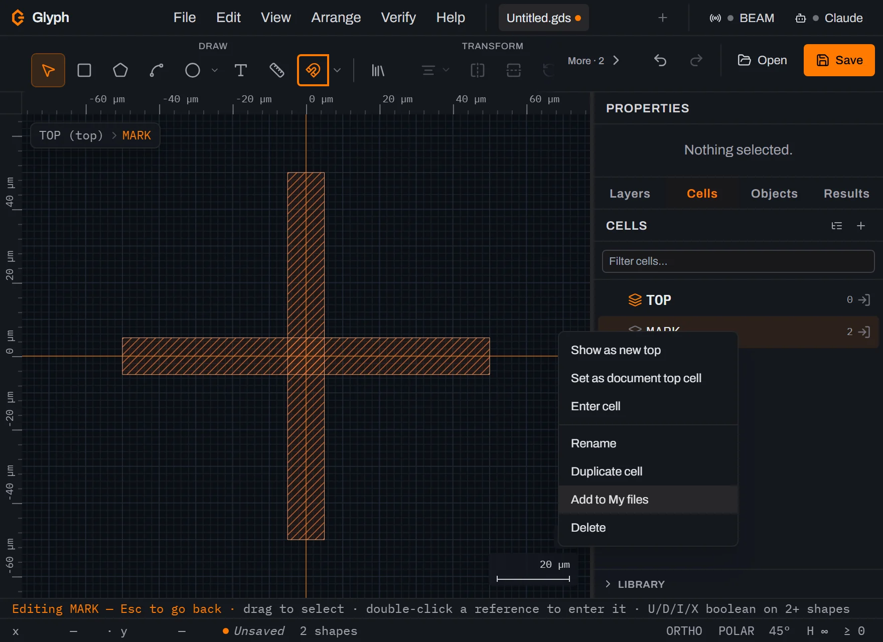 The Cells panel's row menu open over the MARK row, with Add to My files highlighted among the cell commands.