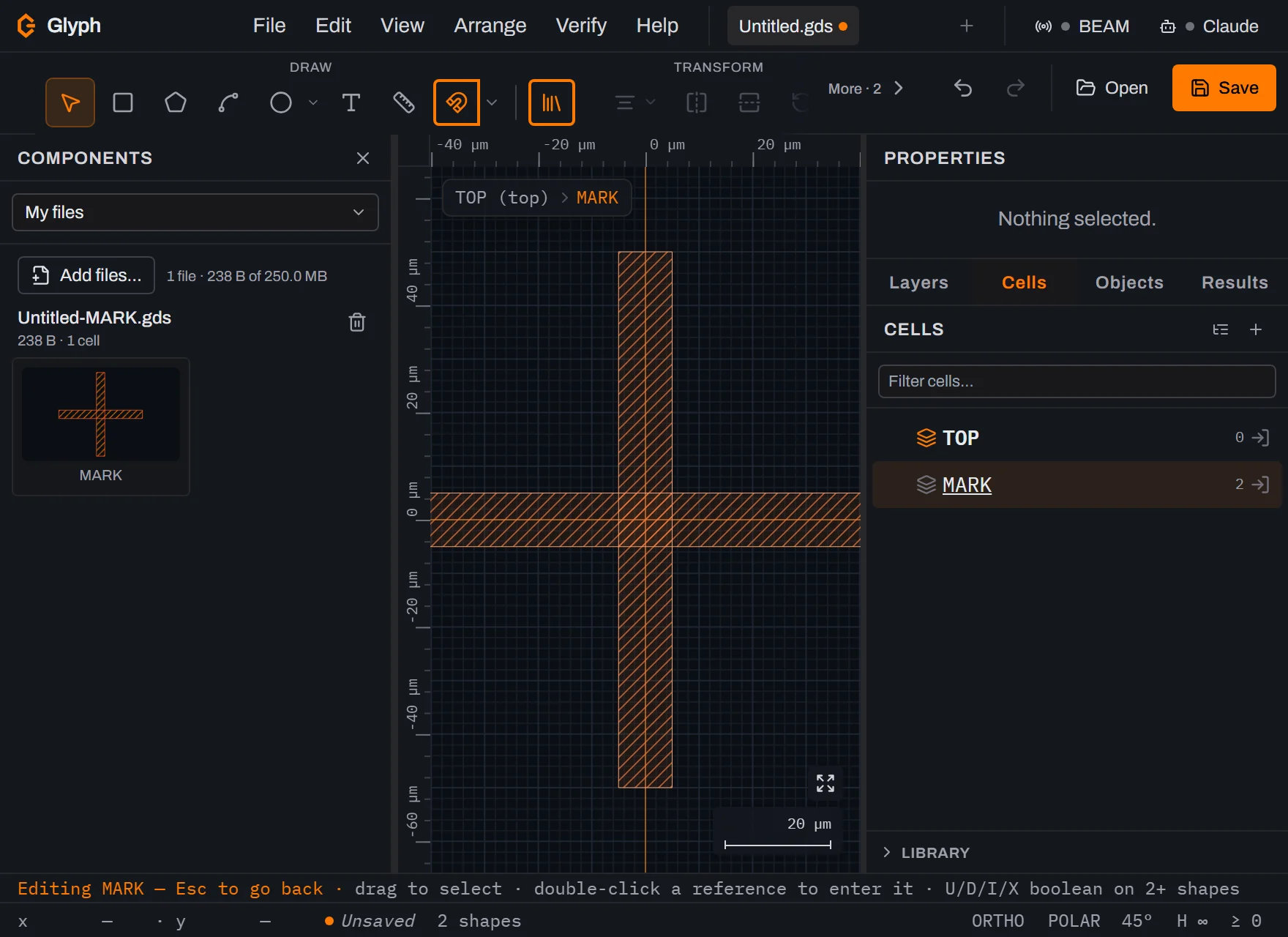 The component dock on the left showing My files in its dropdown, an Add files button, the file Untitled-MARK.gds at 238 bytes and 1 cell, and a card with a thumbnail of the cross labelled MARK.