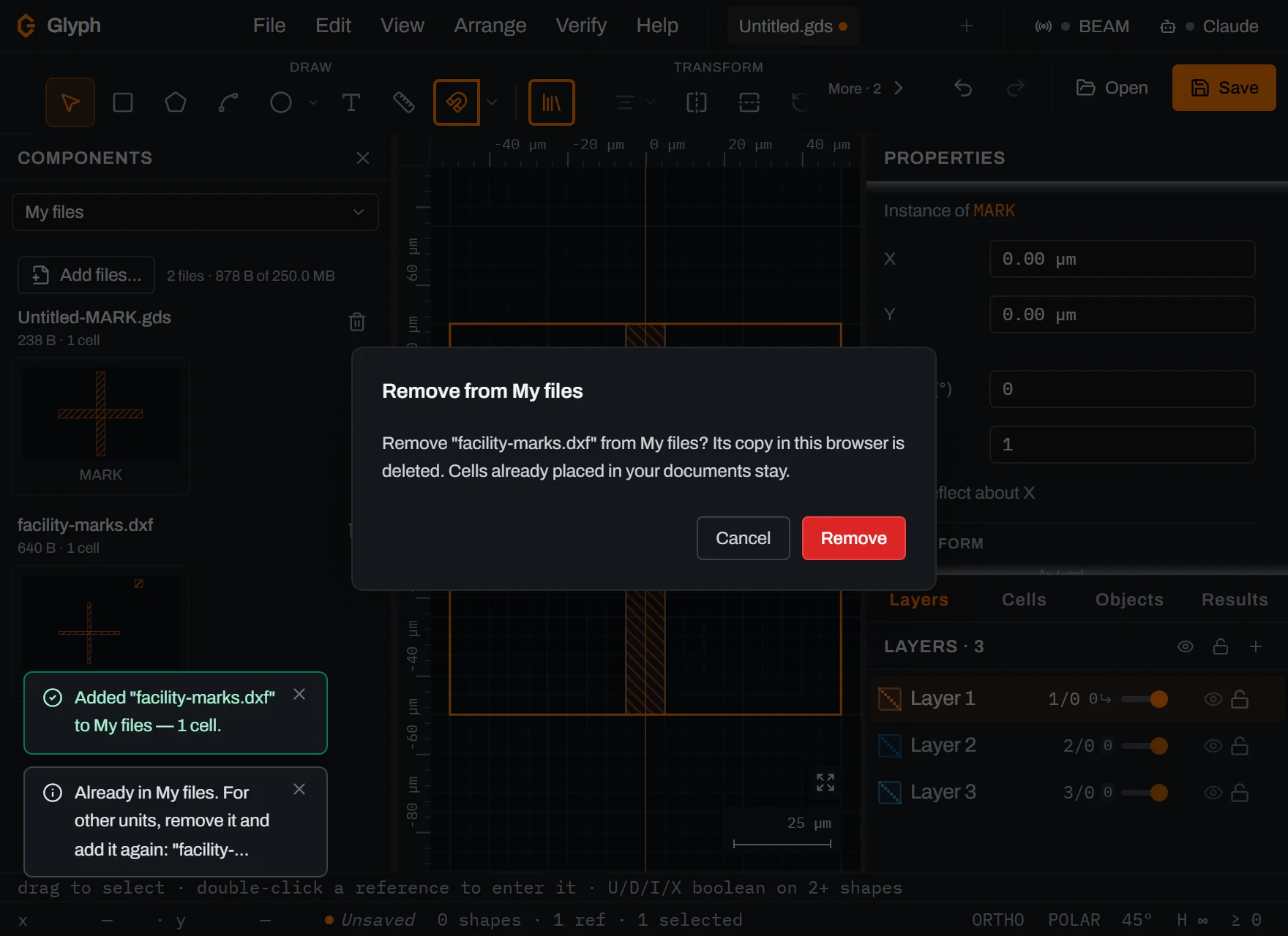 A Remove from My files dialog asking whether to remove facility-marks.dxf, noting that its copy in this browser is deleted and that cells already placed in your documents stay, with Cancel and Remove buttons.