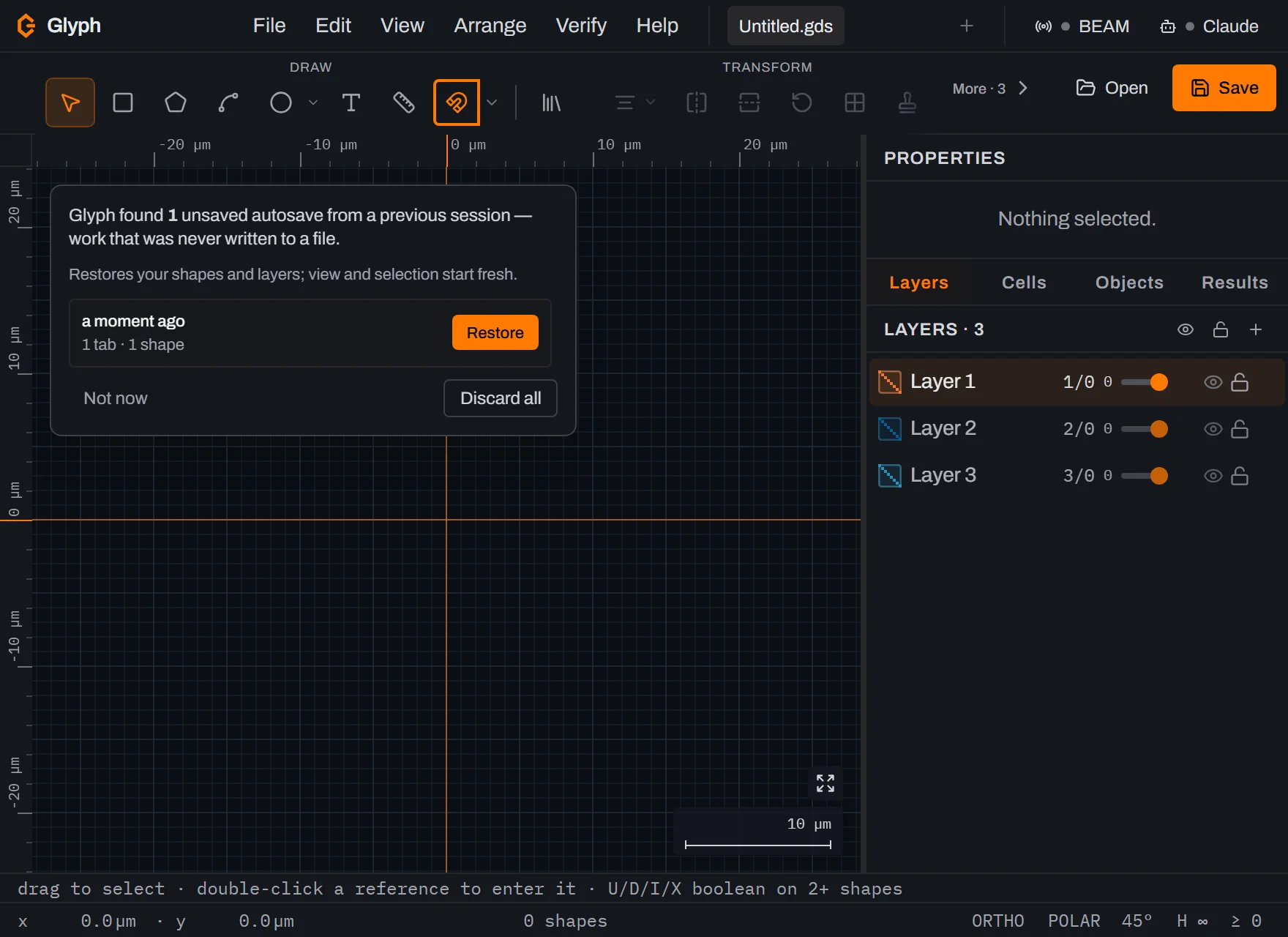 Glyph's launch-time recovery prompt over a fresh session: 'Glyph found 1 unsaved autosave from a previous session — work that was never written to a file', a row listing 'a moment ago · 1 tab · 1 shape' with a Restore button, and Not now / Discard all buttons below.