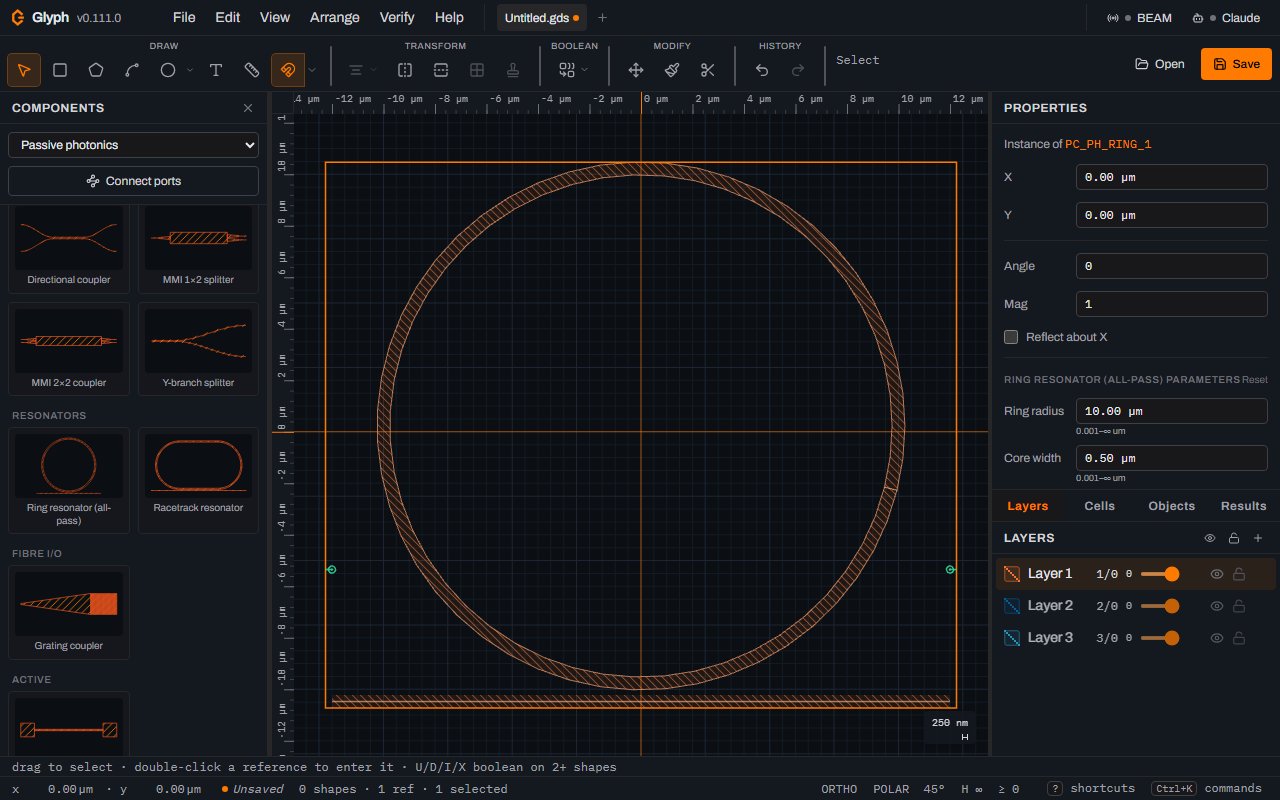 A placed ring resonator in Glyph: an annular waveguide (keyholed disk) with a straight bus waveguide tangent below it, both on the same GDS layer.