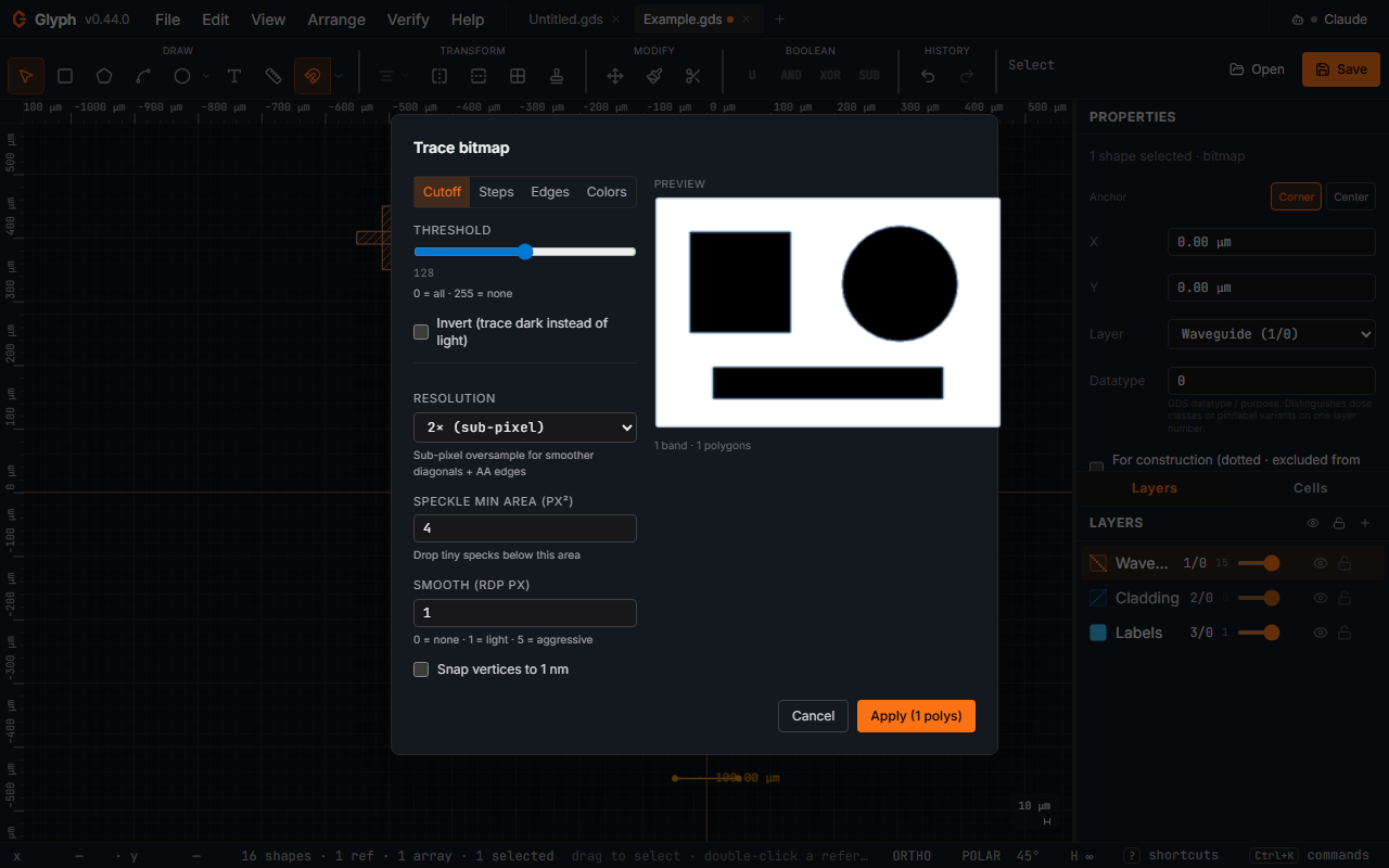 Glyph's Trace bitmap dialog: Cutoff / Steps / Edges / Colors mode tabs, a threshold slider, speckle and RDP smoothing knobs, and a live preview showing traced contours over the source image.