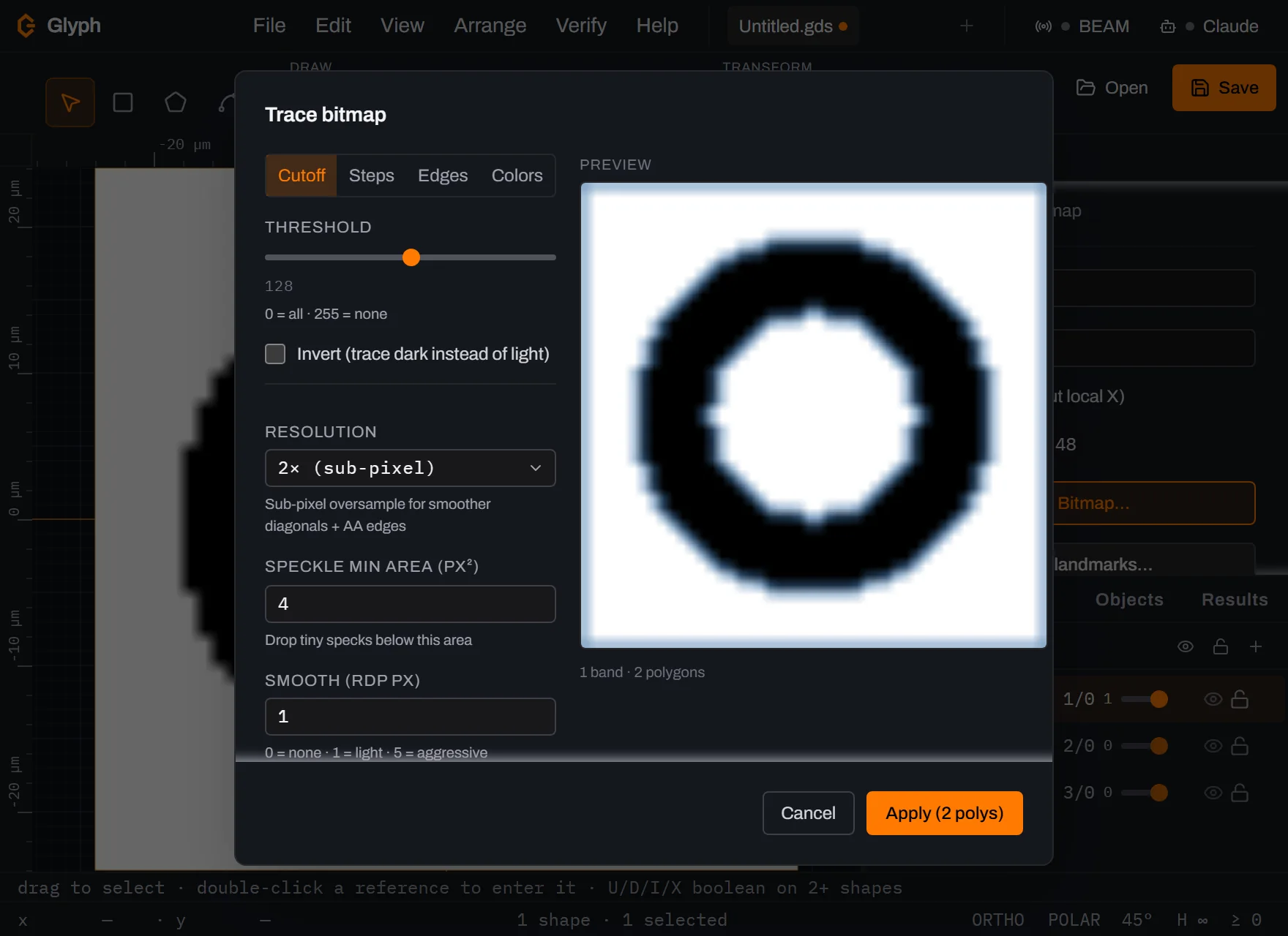 Glyph's Trace Bitmap dialog: an imported raster image on the canvas beside a live preview of the polygons extracted from it, with mode and threshold controls for converting the picture to GDS geometry.