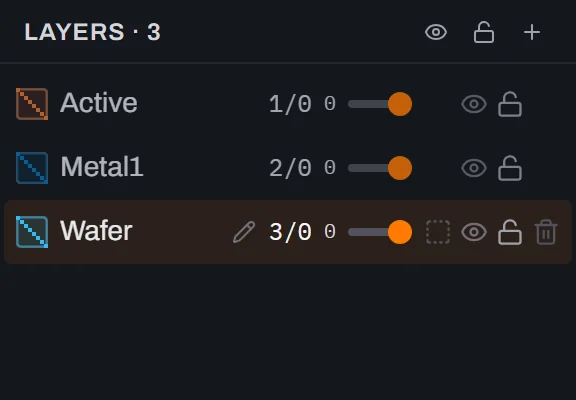 The Layers tab of Glyph's right-hand panel showing three rows named Active, Metal1 and Wafer with their layer numbers 1/0, 2/0 and 3/0, an opacity slider, and eye and padlock buttons on each row. The Wafer row is highlighted as the current layer.