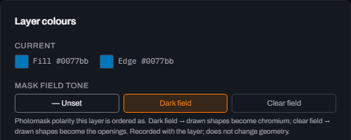 Glyph's Layer colours dialog cropped to its top: a Current row with fill and edge swatches reading #0077bb, then a Mask field tone control with three buttons — em-dash Unset, Dark field and Clear field — with Dark field selected and outlined in orange, above a hint explaining that dark field means drawn shapes become chromium.