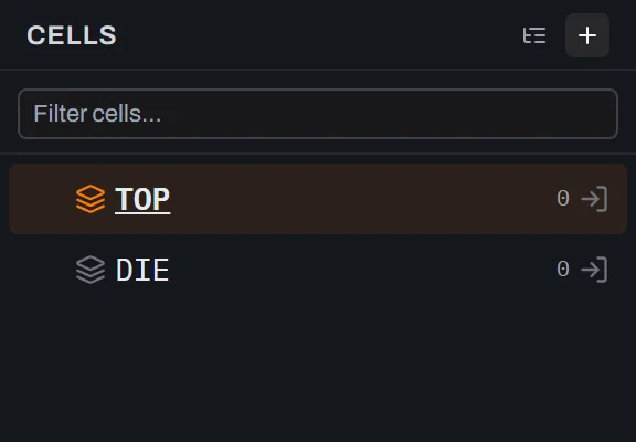 The Cells tab of Glyph's right-hand panel listing two rows, TOP in bold and underlined as the cell being edited, and DIE below it, each with a shape count of 0 and an enter-cell arrow at its right end.