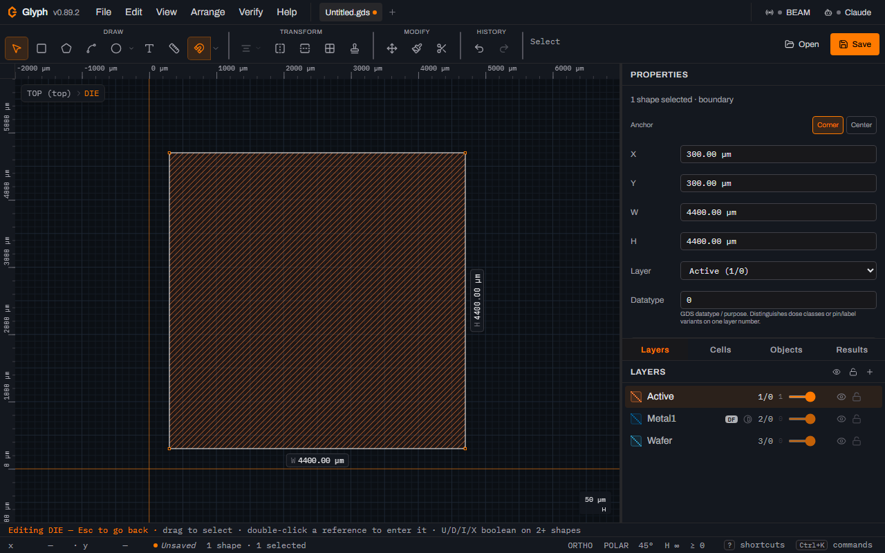 The Glyph canvas inside the DIE cell showing one large orange hatched square with selection handles and inline W 4400.00 µm and H 4400.00 µm badges, the Properties panel reading X 300.00 µm, Y 300.00 µm, W 4400.00 µm, H 4400.00 µm and Layer Active (1/0), and the status bar reading 1 shape and 1 selected.