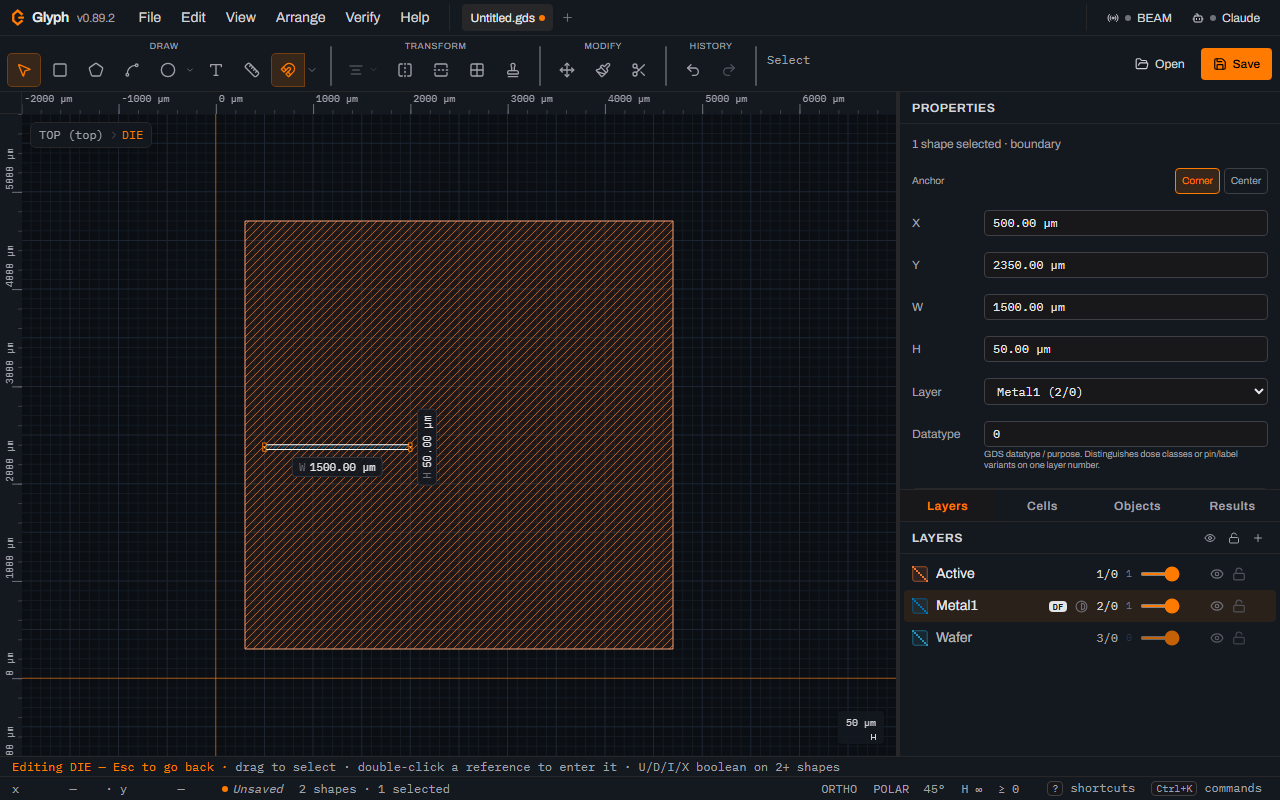 The DIE cell with the orange hatched 4.4 mm active-area square and a thin selected horizontal trace across it carrying inline W 1500.00 µm and H 50.00 µm badges, the Properties panel reading X 500.00 µm, Y 2350.00 µm, W 1500.00 µm, H 50.00 µm and Layer Metal1 (2/0), and the status bar reading 2 shapes and 1 selected.