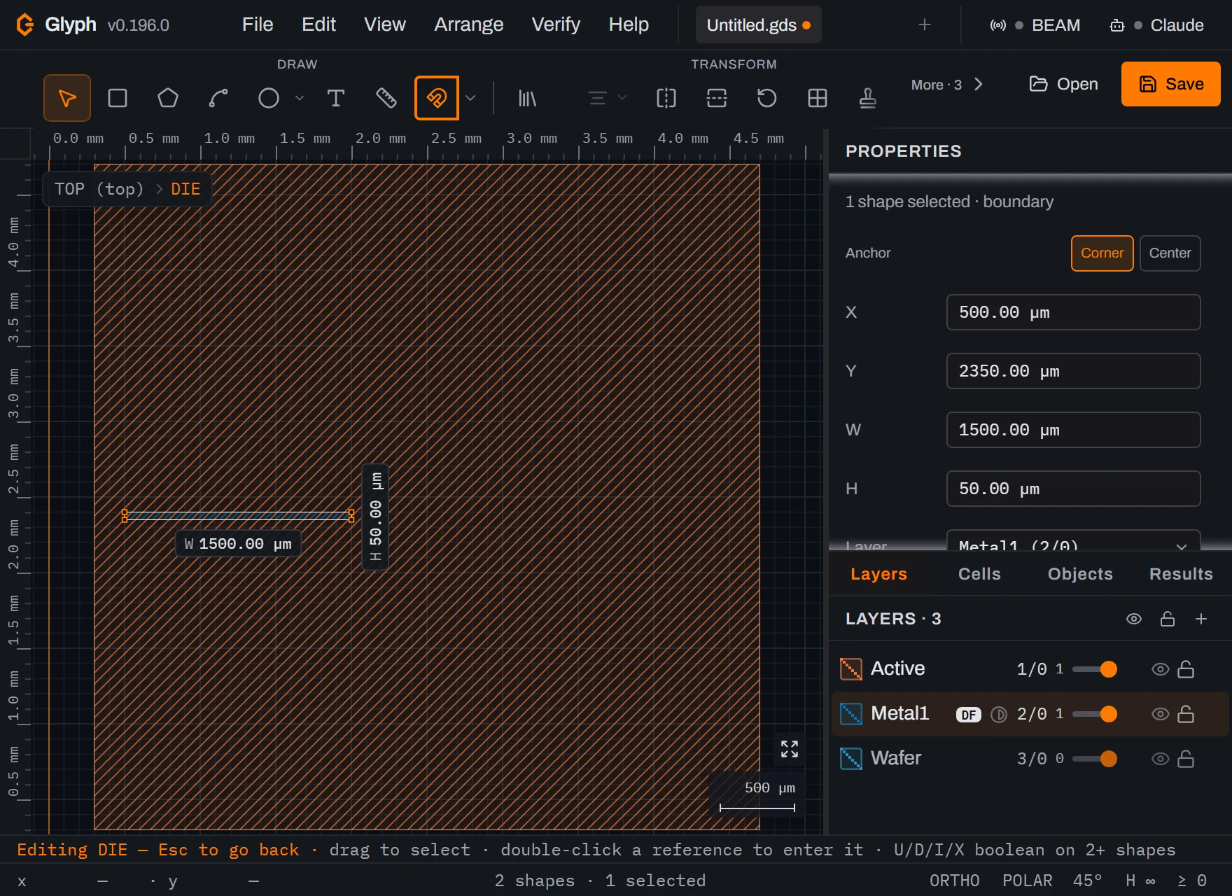 The DIE cell with the orange hatched 4.4 mm active-area square and a thin selected horizontal trace across it carrying inline W 1500.00 µm and H 50.00 µm badges, the Properties panel reading X 500.00 µm, Y 2350.00 µm, W 1500.00 µm, H 50.00 µm and Layer Metal1 (2/0), and the status bar reading 2 shapes and 1 selected.