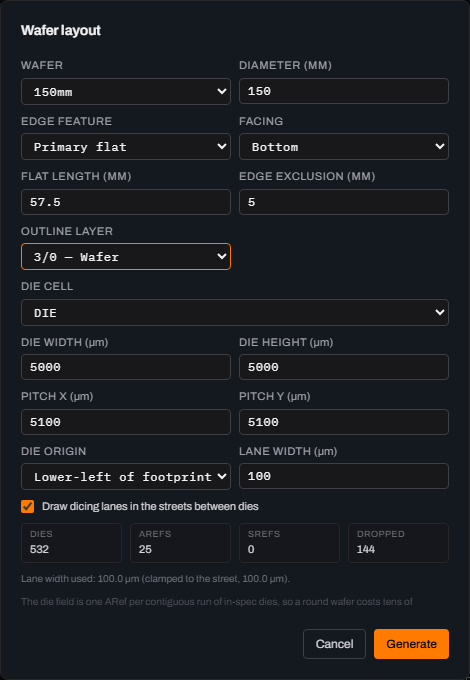The same Wafer layout dialog with edge exclusion changed to 5 mm, the outline layer field carrying the focus ring left by tabbing out of the exclusion box, and the stats strip updated to read 532 dies, 25 AREFs, 0 SREFs, 144 dropped.