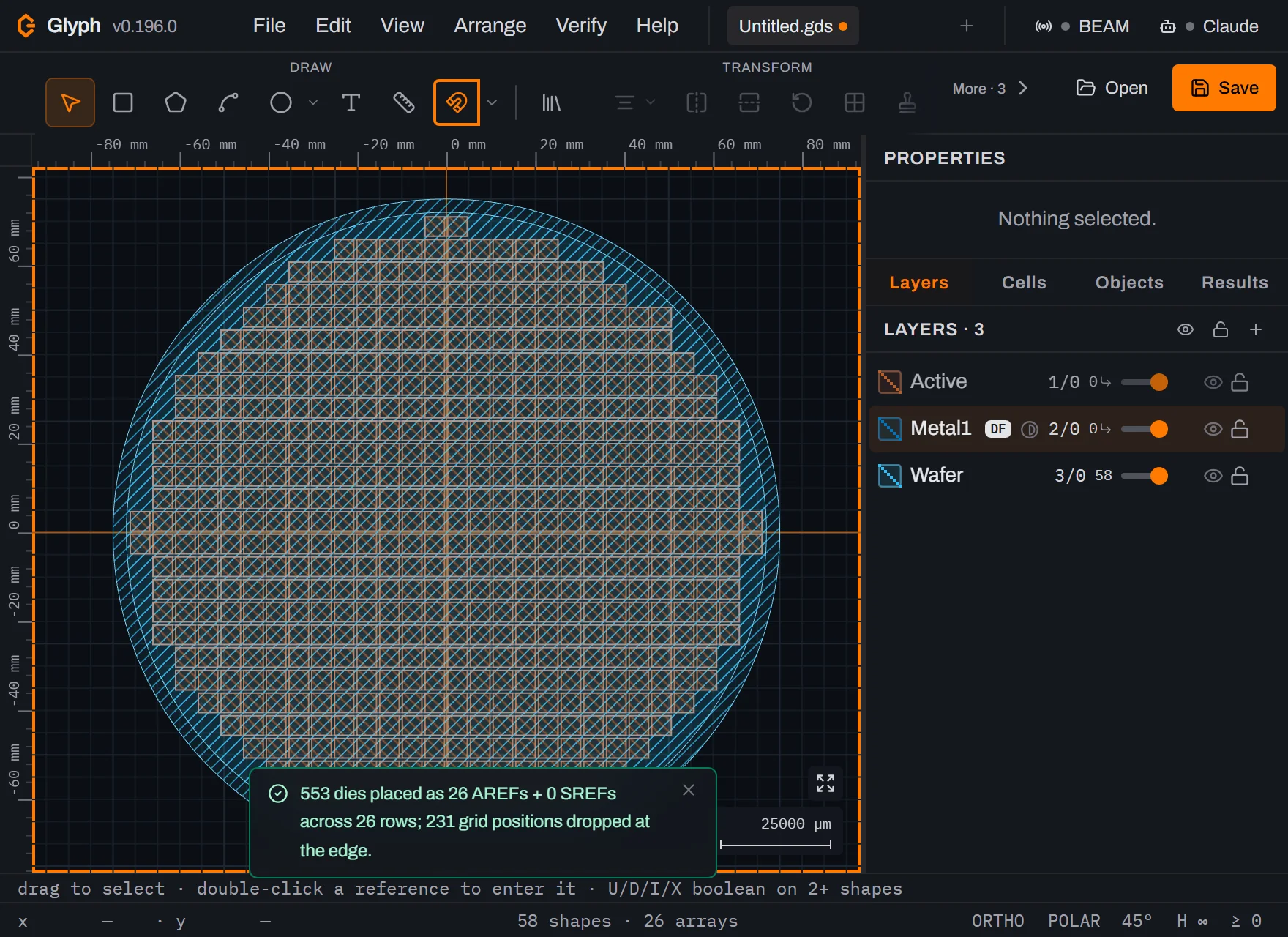 The Glyph canvas zoomed to fit the whole wafer: a circular field of orange dies with a flat cut at the bottom, a cyan wafer rim with an inner exclusion ring, cyan dicing lanes between every row and column, and a toast reading 553 dies placed as 26 AREFs plus 0 SREFs across 26 rows, 231 grid positions dropped at the edge. Status bar reads 58 shapes and 26 arrays.