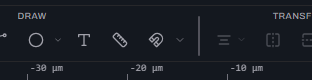 Close-up of the right end of Glyph's Draw toolbar group — circle, text and Measure (ruler) tools, then the Snap-to-grid magnet-and-chevron control, then the divider into Transform — with the magnet control now grey and inactive immediately after the command ran.