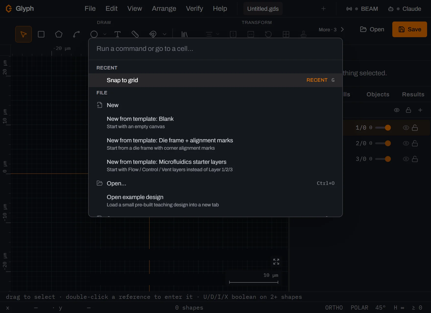 The Ctrl+K palette reopened with an empty query, showing a RECENT section with Snap to grid tagged recent and its G shortcut, above the regular File group of commands.
