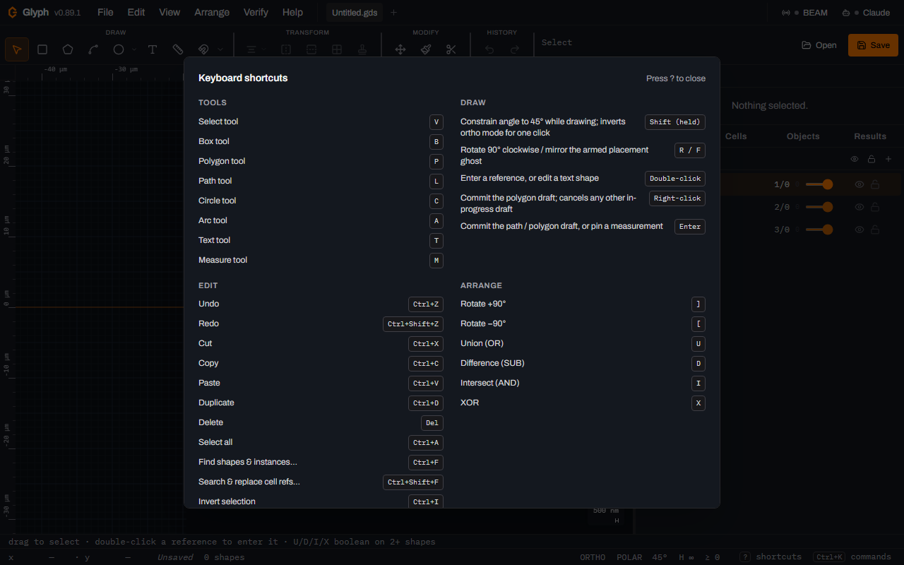 Glyph's full keyboard-shortcuts cheat sheet overlay, showing two columns of grouped shortcut lists including Tools, Draw, Edit and View, each row pairing a key chip with its command.